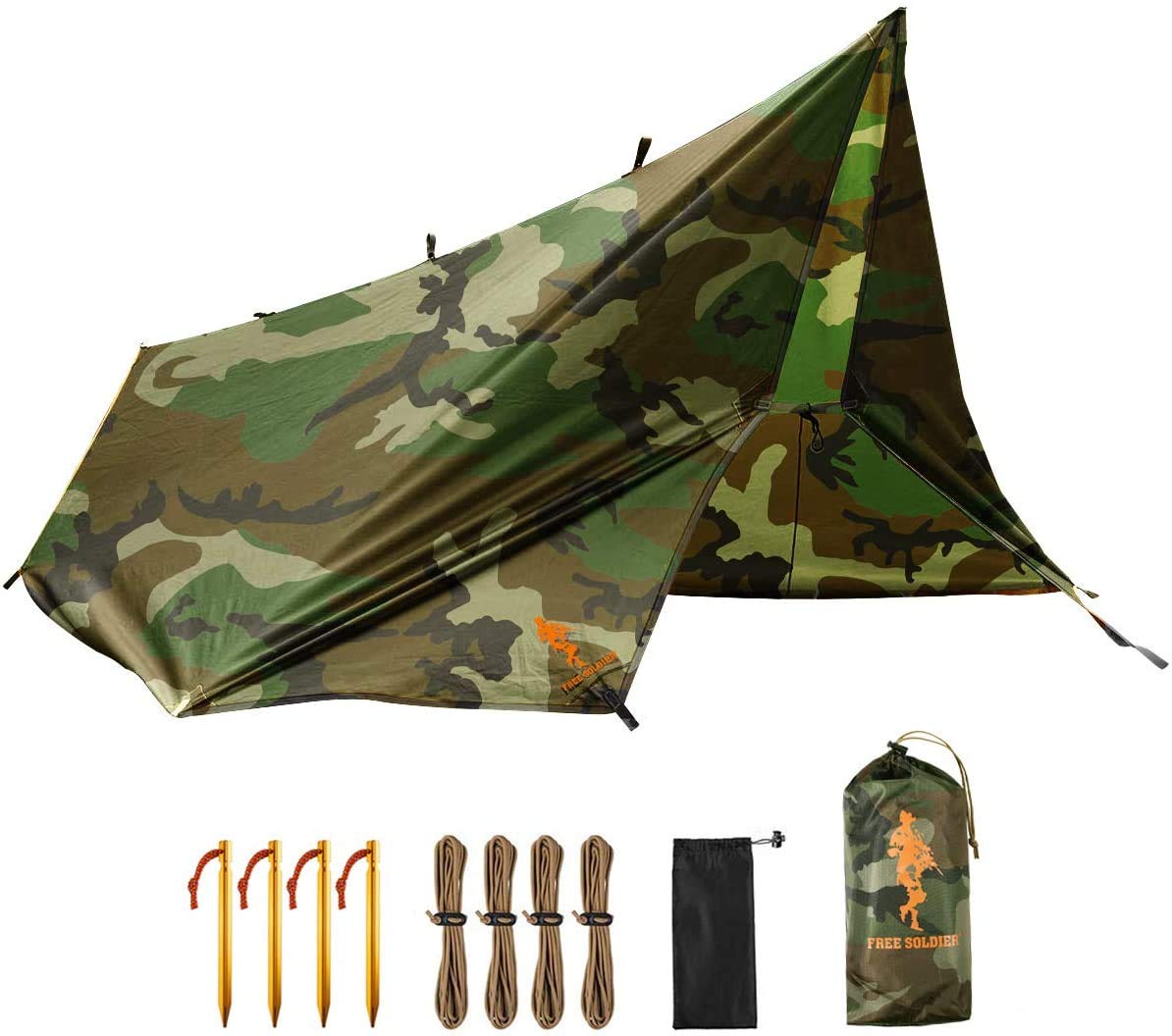 Free Soldier Camping Tarp Waterproof 3m x 3.2m Large Hammock Tent Tarp Portable Tarpaulin Anti-UV Shelter Sun Block Sunshade Awning for Camping Hiking Traveling Outdoor Sports (Camouflage with Nails)