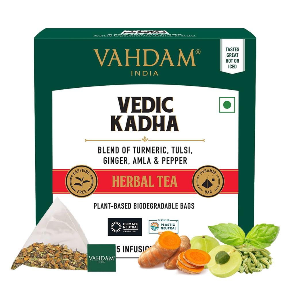 VAHDAM, Vedic Kadha Herbal Tea Bags (15 Count) Caffeine Free, Non-GMO, Gluten-Free | 100% Pure Herbal Tisane - Earthy & Savory | Individually Wrapped Pyramid Tea Bags | Direct from Source