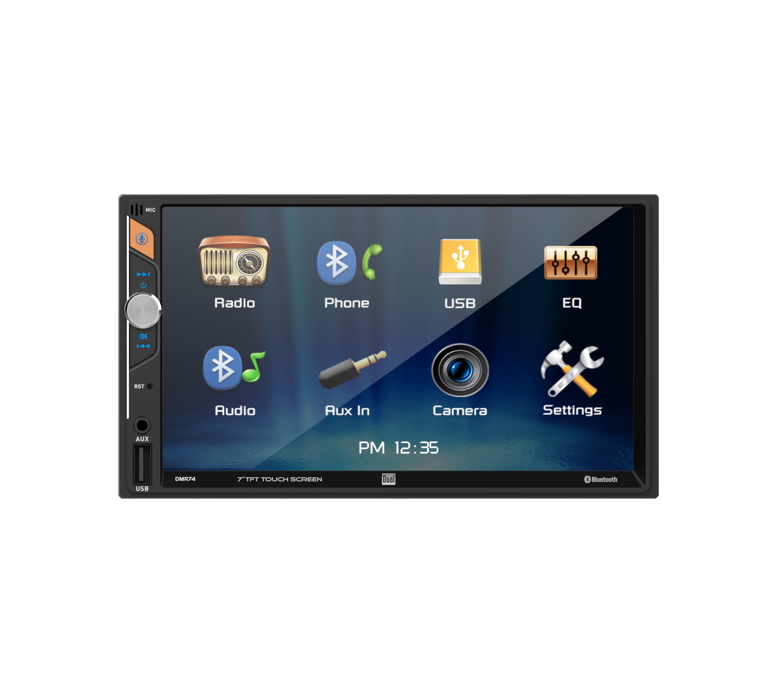 Dual ElectronicsDMR74 7-inch LED Digital Media Touch Screen Double DIN Car Stereo Radio | Push to Talk Assistant | Backup Camera Input | Bluetooth | USB Playback and Charge | No CD/DVD