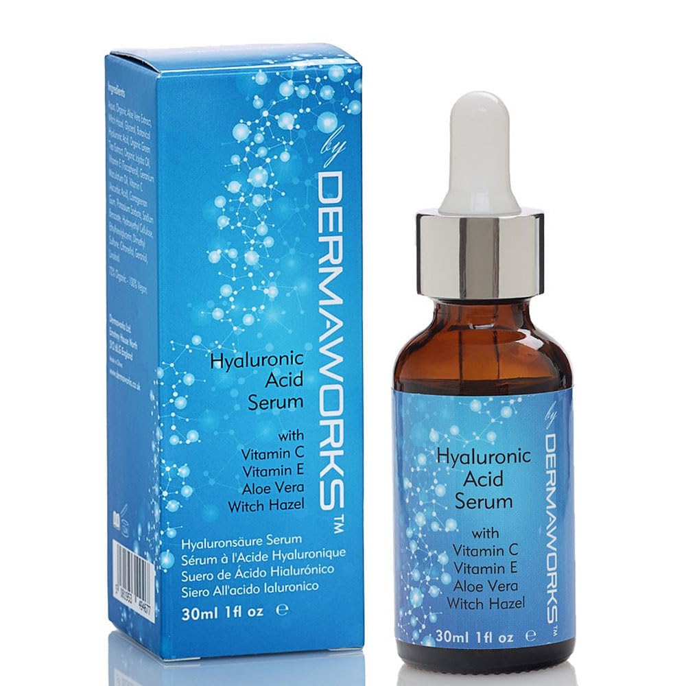 Hyaluronic Acid Serum for Face – Hydrating Serum with Vitamin C and Aloe Vera– Anti-aging Face Moisturiser – Skin Brightening for Men and Women by AWARD WINNING UK Skincare & Beauty Brand - DERMAWORKS