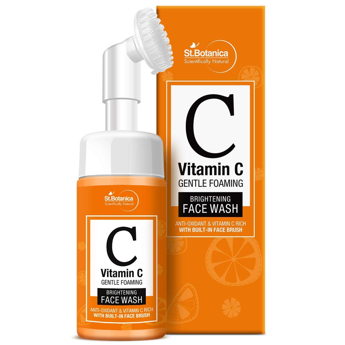 StBotanica Vitamin C Brightening Foaming Face Wash with Built in Brush 120ml - With Stabilised Vitamin C, Turmeric, Saffron, No Sulphate, Parabens