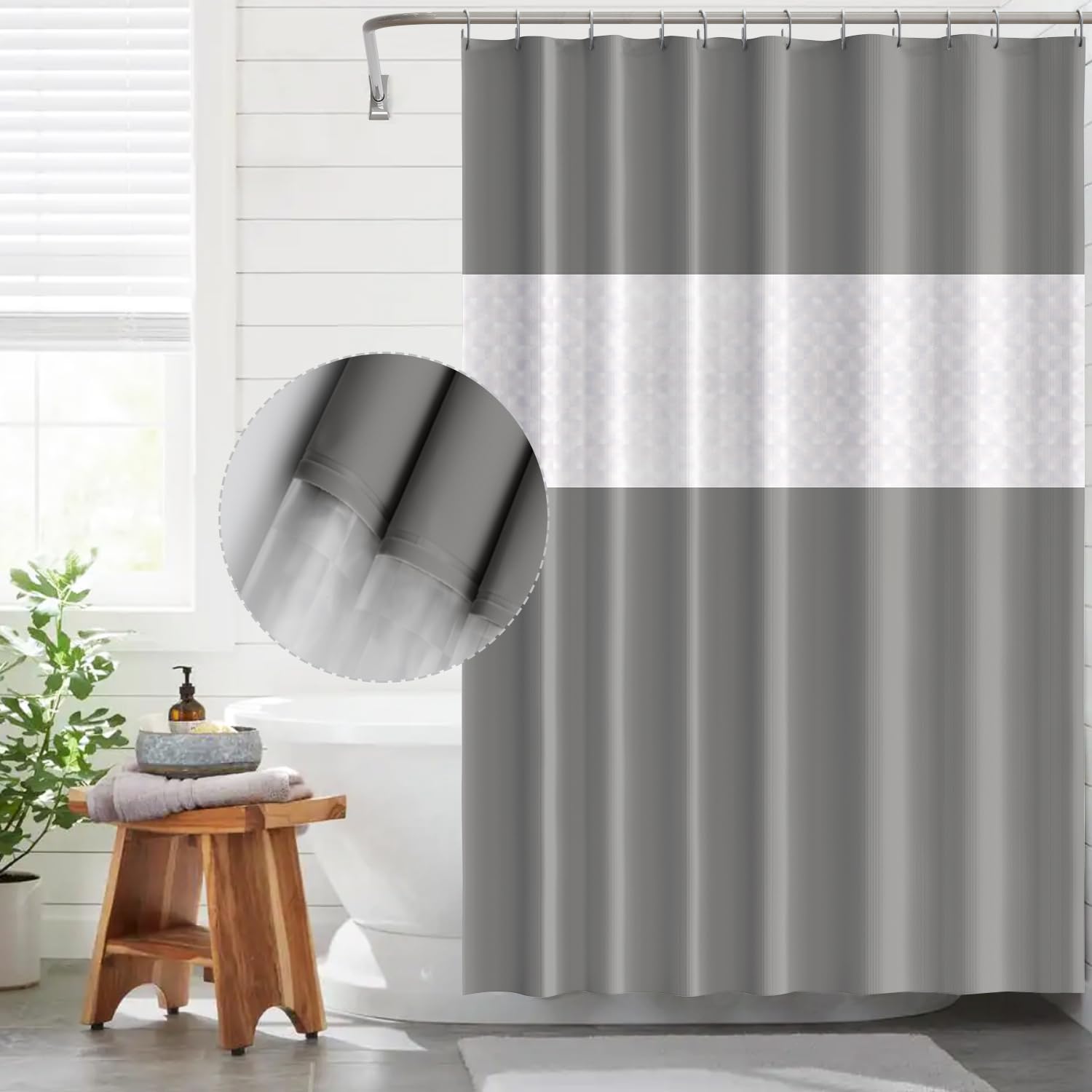 Funria Shower Curtain Bathroom Curtains Waterproof Mildew Resistant Mold Resistant Bath Curtains with Hooks Bathroom Accessories 180 X 200 CM Spliced Gray