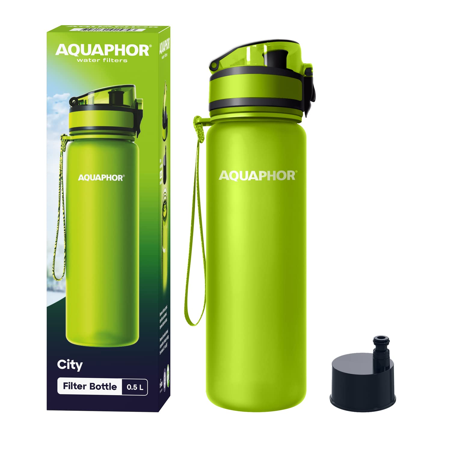 AQUAPHORCity Bottle 500ml Green | Travel Water Bottle with Activated Carbon Filter | Filters Chlorine & Impurities | Made of Tritan & BPA-Free | Stay Hydrated On the Go!