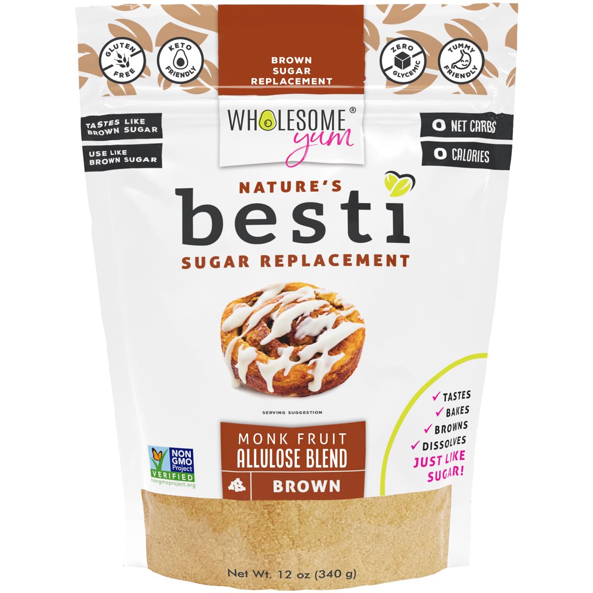 Wholesome Yum Besti Natural Brown Sugar Substitute - Keto Brown Monk Fruit Sweetener Blend With Allulose (No Erythritol) - Non GMO, Zero Carb, Zero Calorie, Sugar Free, No Aftertaste (12 oz)