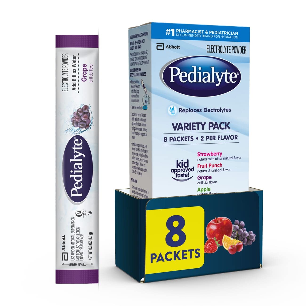 Pedialyte Electrolyte Powder, Variety Pack, Electrolyte Hydration Drink, 0.3 oz Powder Packs, 8 Count