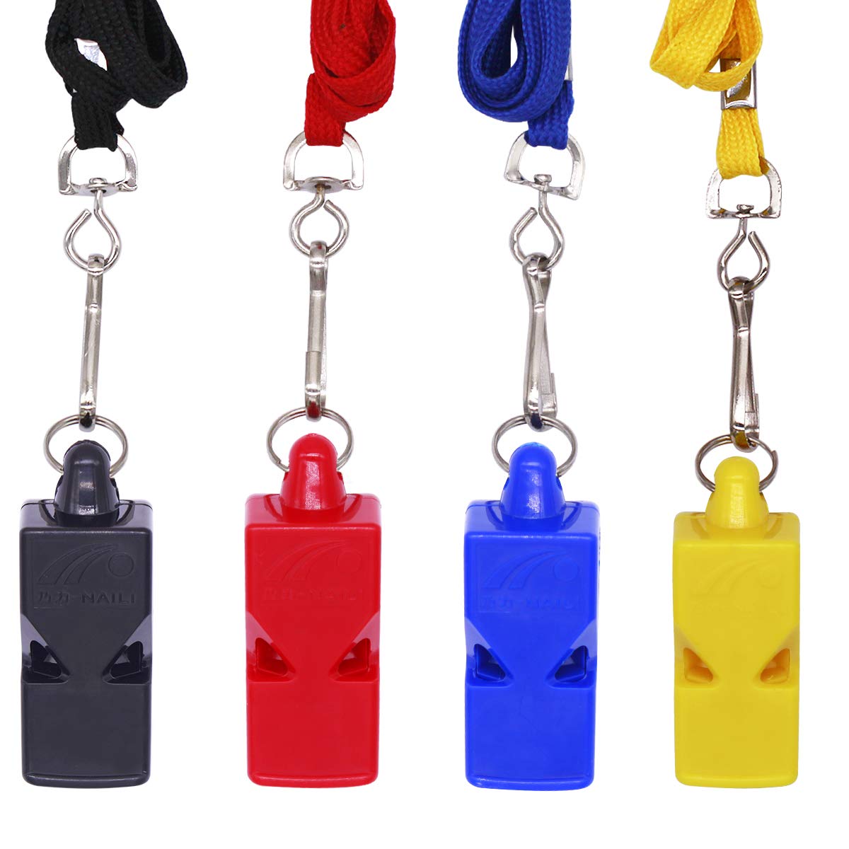 WEONE4 Pack Whistles with Lanyard,Loud Referee Whistle with Tooth Protection for Sports,Party,Dog Trainning,Survival(Red,Black,Yellow,Blue)