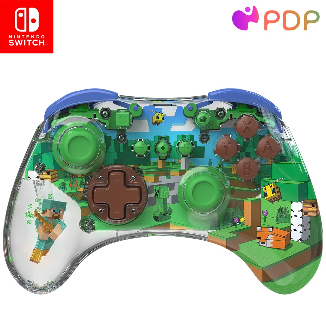 PDP REALMz™ Wireless Nintendo Switch Pro Controller, Customizable LED, 40 Hour Rechargeable Battery Power,Officially Licensed by Nintendo: Minecraft Steve -Forest Biome