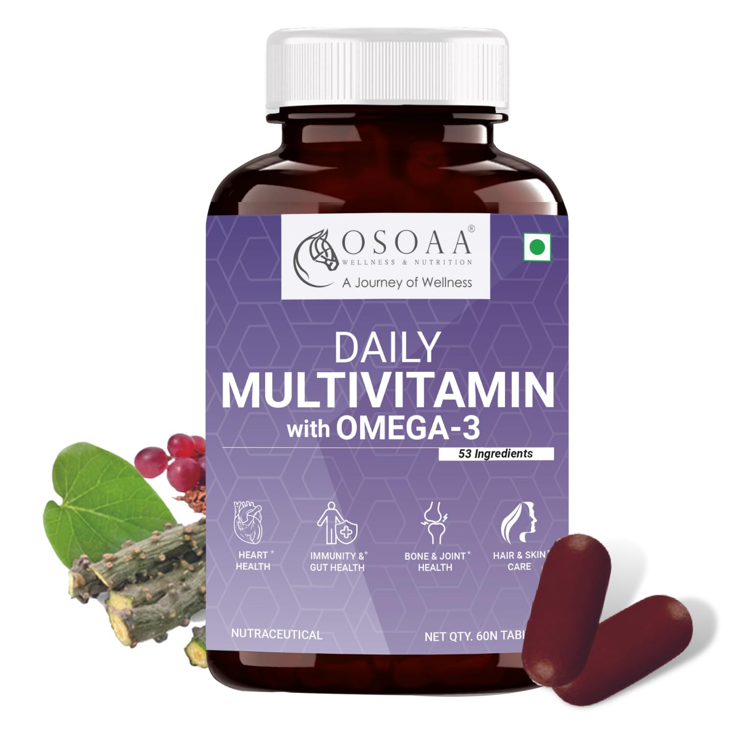 OSOAA Daily Multivitamin with Omega 3 & Probiotics - 60 Veg Tablets | 53 Vital Vitamins & Minerals with Zinc, Vitamin C, Vitamin D, Vitamin B12, and Multiminerals - Supports Immunity & Gut Health