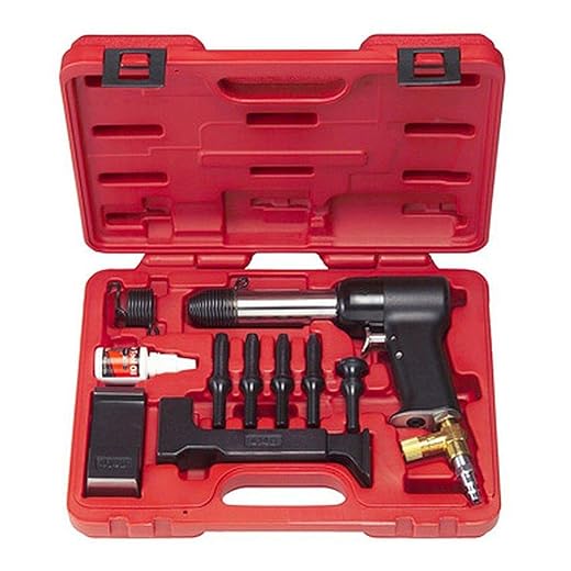 3X AIR Hammer KIT for Solid Rivets. Comes with 2 Bucking Bars, 4 Cupped Universal Head BITS (3/32, 1/8, 5/32 & 3/16), A 1" Flush DIE, and 2 RETAINING Springs. HRH-3X-737