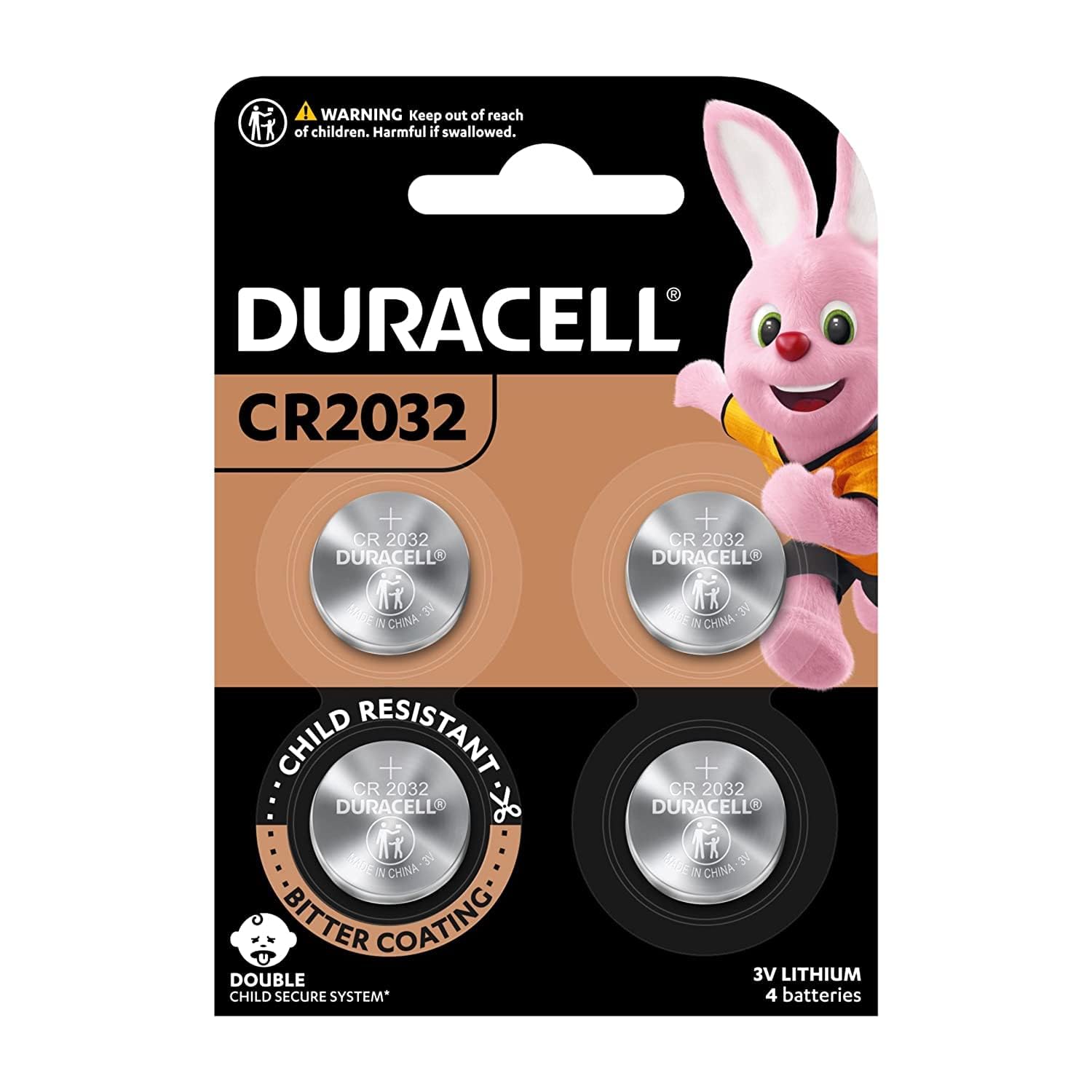 Duracell Lithium Coin Battery 3V, 4 Pieces (Cr2032)[Lasts Up To 100% Longer] & [Child Resistant Packaging] Silver