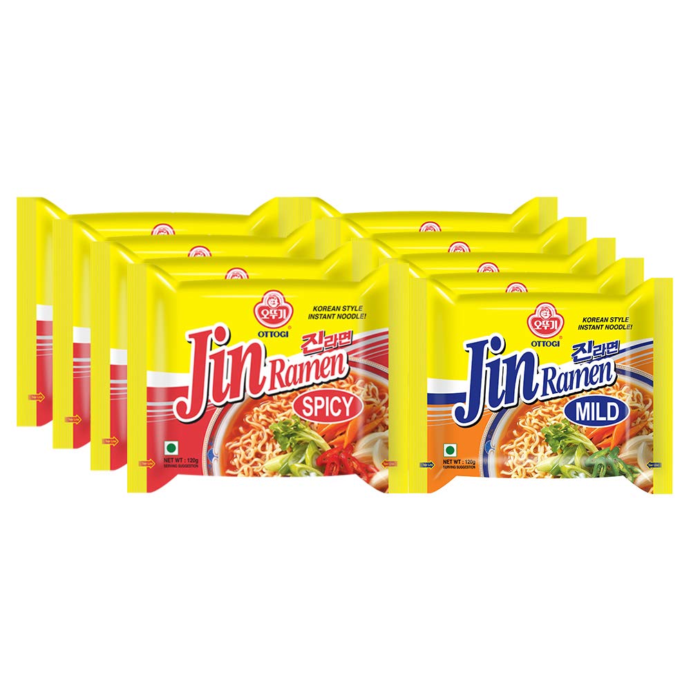 Ottogi Jin Ramen Korean Style Vegetarian Instant Noodles, Spicy and Mild Flavor Combo 120 grams, 5 spicy + 5 mild (Pack of 10), The Product of Korea