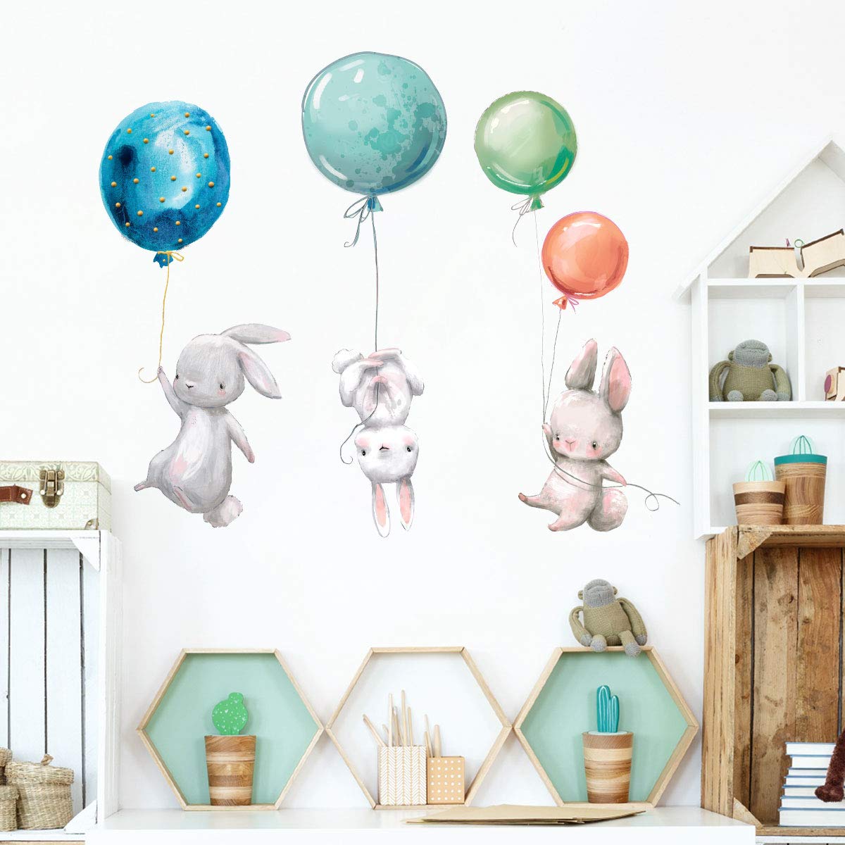 LASZOLA Creative Kids Wall Stickers Watercolor Nursery Wall Decals, Removable Peel and Stick Cartoon Animal Neutral Vinyl Wall Decoration for Baby Boy Girl Bedroom - Balloon and Bunny (zsz1046)