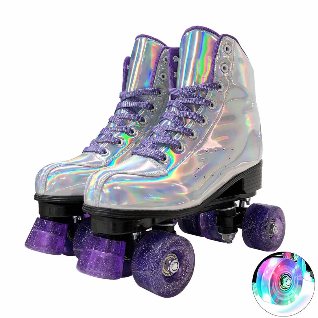 XUDREZRoller Skates for Women Girls, Stylish Laser Silver Roller Skates, Classic Double-Row High-top Roller Skates for Beginner, Indoor Outdoor Roller Skates