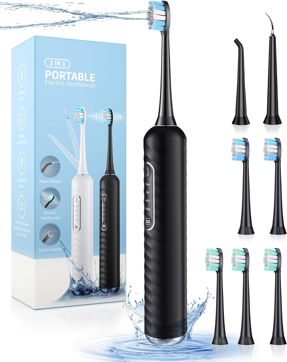 Electric Toothbrush with Water flosser, 3 in 1 Teeth Cleaning Kit with 7 Modes, Electric Toothbrush and flosser Combofor Adults, Water Flosser Portable for Travel and Home (Black)