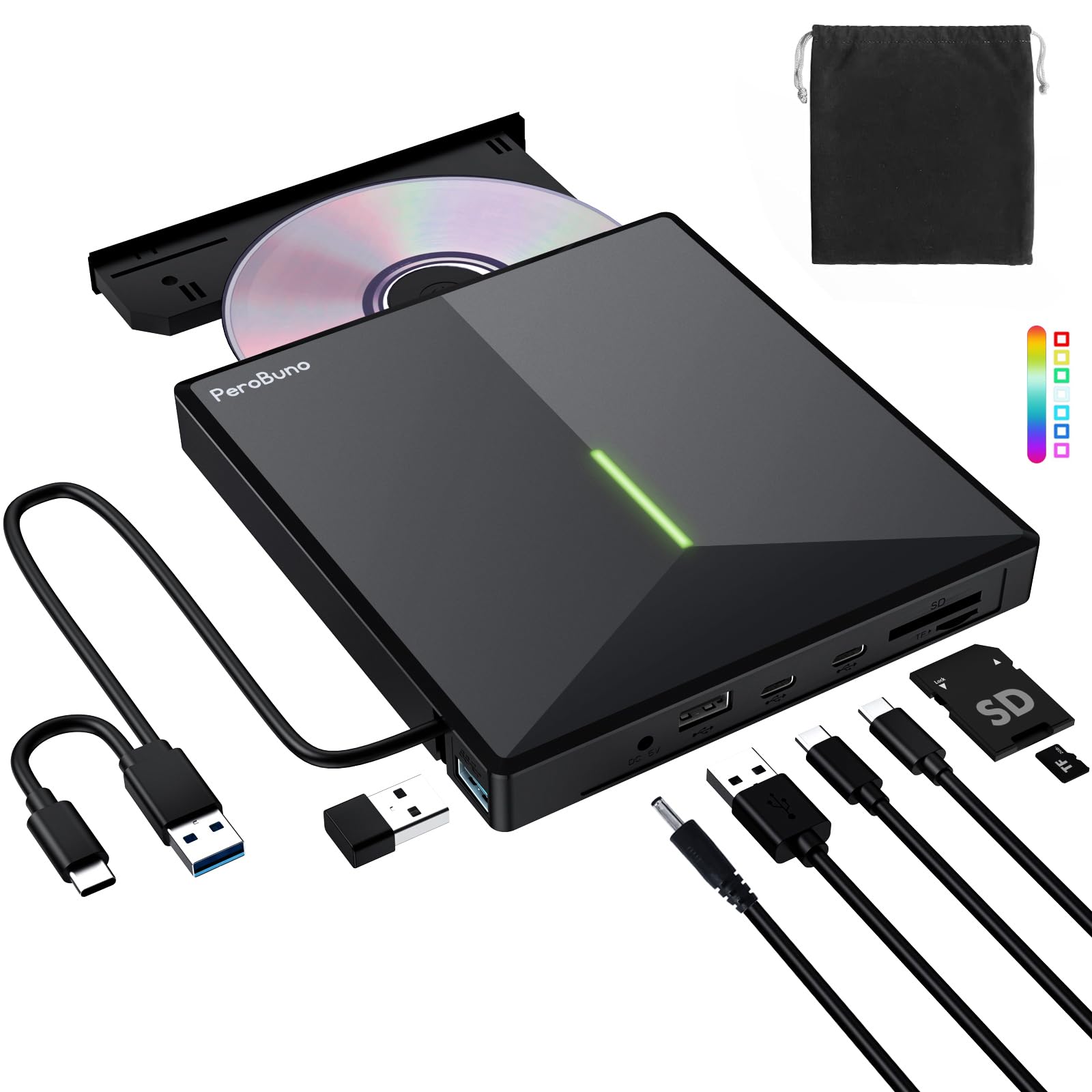 PeroBuno External CD DVD Burner, Portable USB 3.0 and Type-C External CD DVD Drive with and 2 TF/SD Card Reader, CD DVD ±R/RW external dvd player For Laptop Mac PC Windows 11/10/8/7 Linux OS