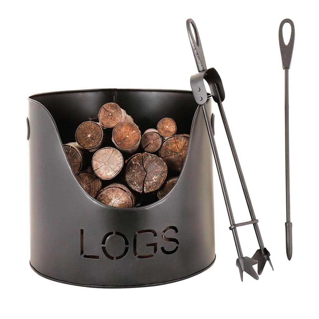 Modern Metal Fireside Kindling Log Bucket with Tools Recycled Iron Firewood Log Basket