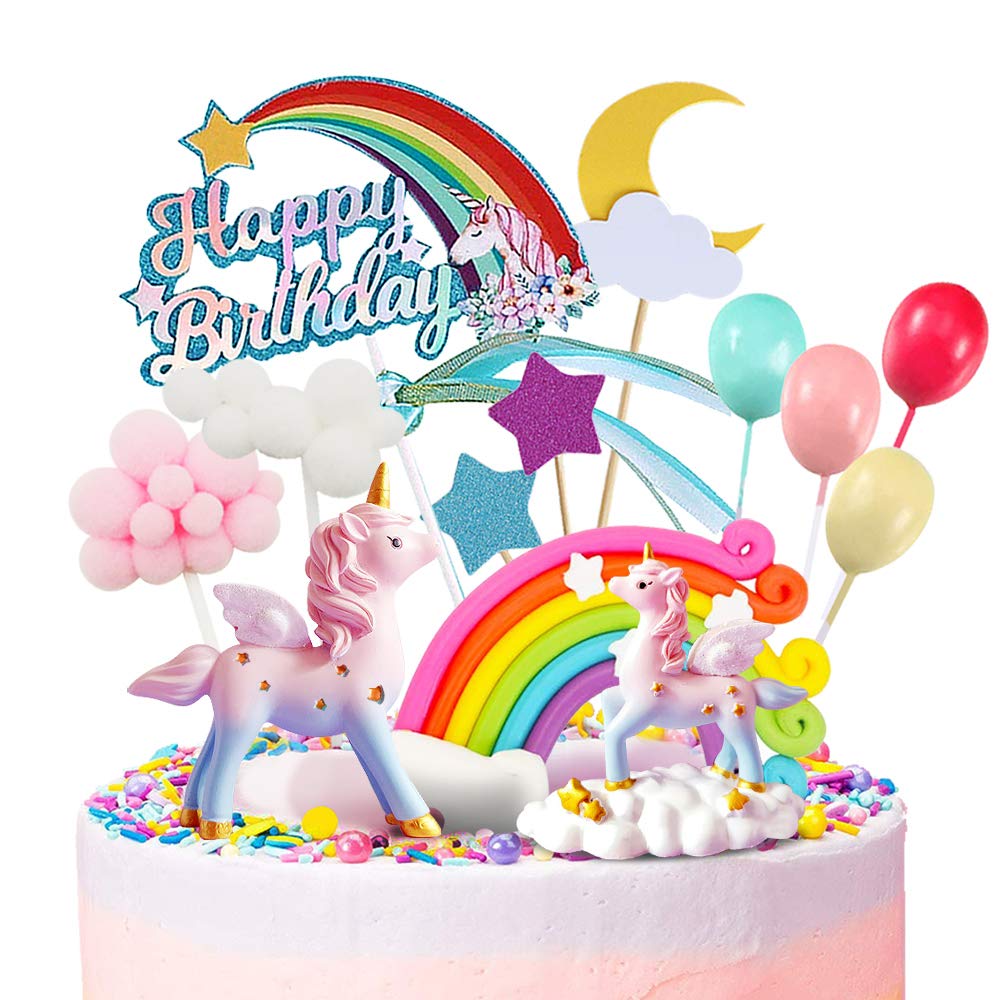 MOVINPE Unicorn Cake Topper, 2 Magic Unicorns Sculpture, 1 Rainbow, 1 Happy Birthday Banner, 2 Cloud, 4 Balloon, 12 Stars, 1 Moon, Cake Decoration For Girl Kid Women Birthday Party