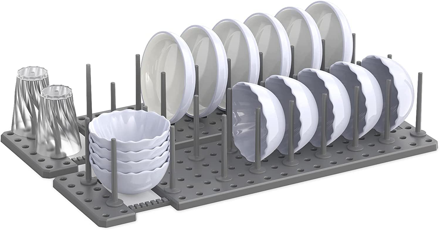 SOCHEP Adjustable Plate Drying Rack Load Bearing Convenient Bowl Pot Lid Storage Holder for Kitchen Cabinets, Scalable Adjustment (1 Pcs, Grey)