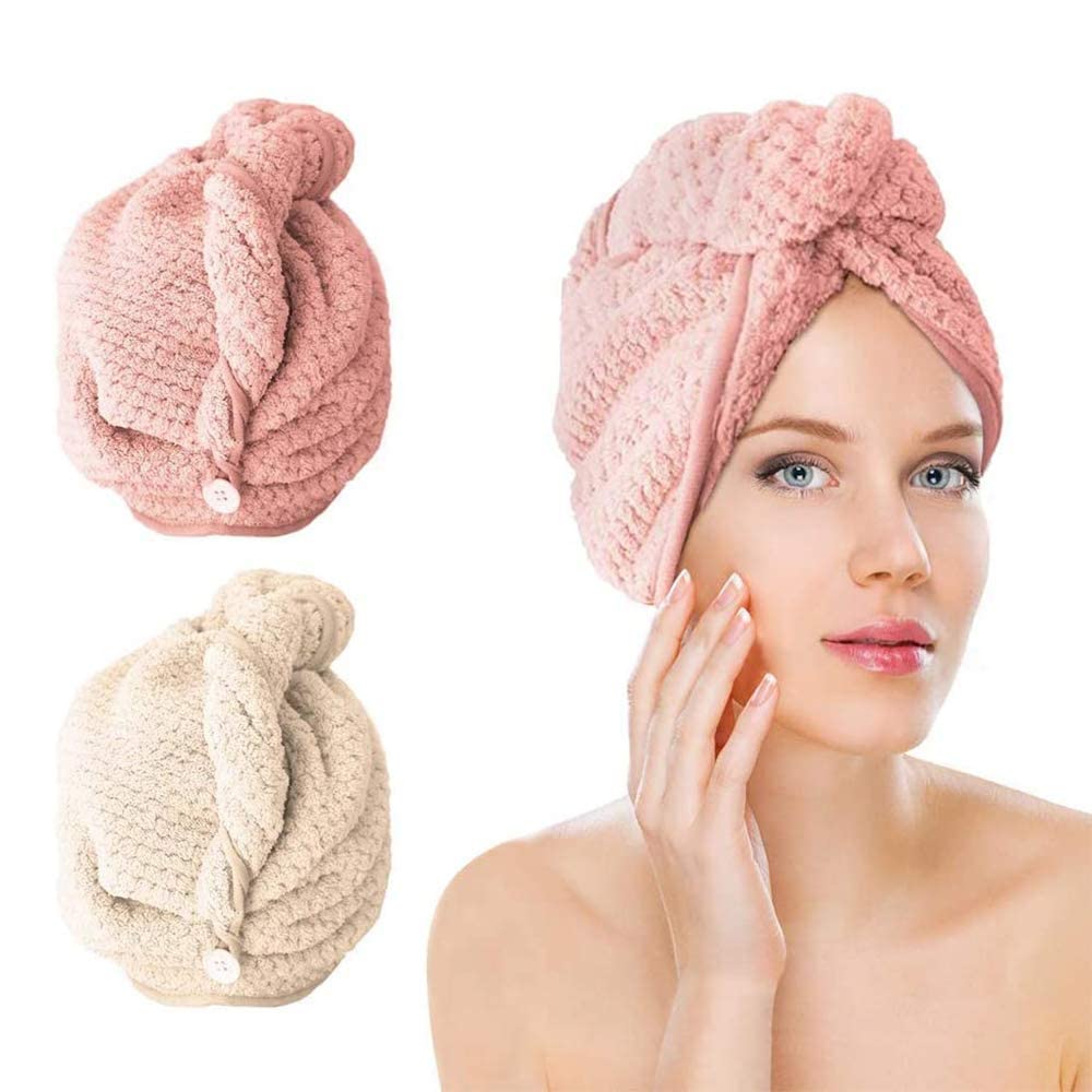 Aniyoo Hair Towel Dry Hair Wrap with Loop and Button Fastener Soft Microfibre Hair Towel Quickly 2 Pack for Women and Girls,Pink,60 x 43 cm