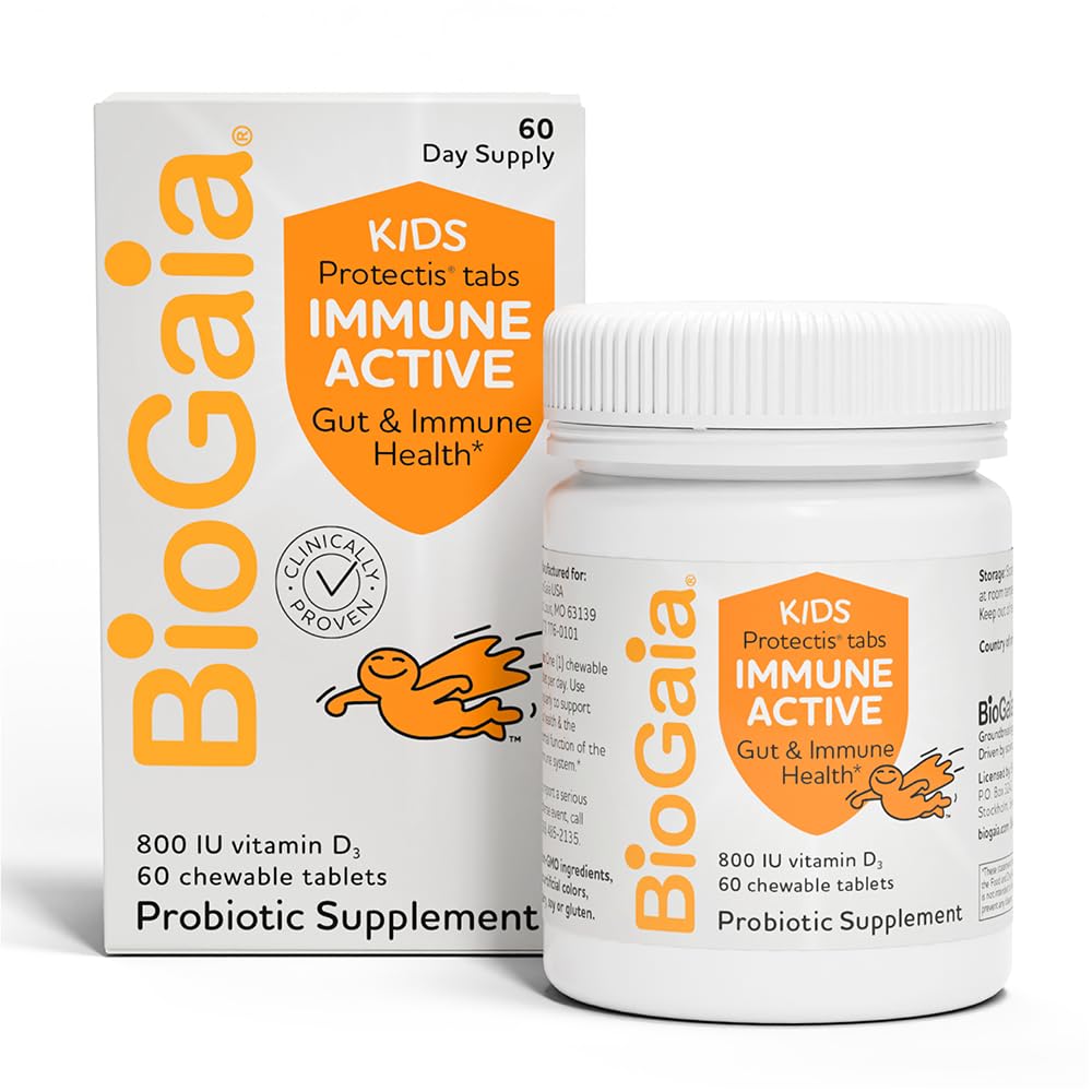 BioGaia Protectis Immune Active Kids Probiotic | Clinically Proven Probiotic + Vitamin D | Supports Immune, Digestive & Overall Health | Kids Probiotic | Orange Chewable Tablets | 60 Day Supply