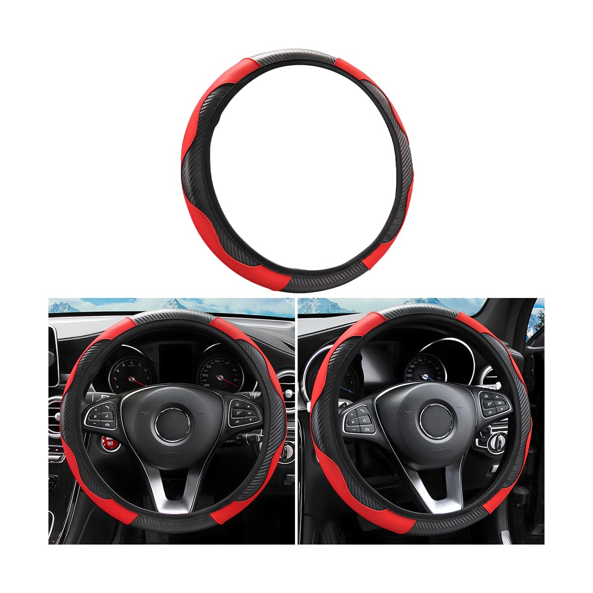 Car Steering Wheel Cover, Universal Microfiber PU Leather Elastic 15 inch Stitching Color Anti-Slip Steering Wheel Protector, Car Interior Protection Accessories for Men Women (Black/Red)