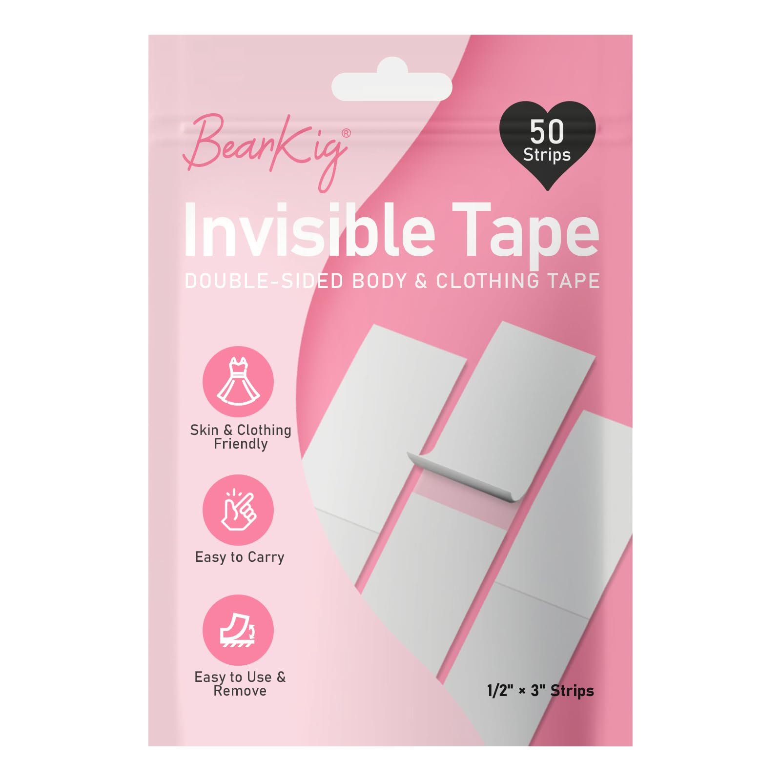 BearKig50-Strips Double-Sided Tape for Fashion, Tape for Clothes, Fabric Tape for Women Clothing and Body, All Day Strength Tape Adhesive, Invisible and Clear Tape for Sensitive Skins