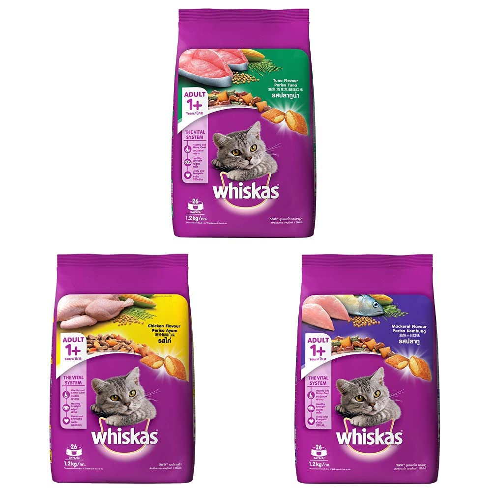 Whiskas Adult (+1 Year) Dry Cat Food, Tuna Flavour, 1.2kg Pack & Adult (+1 Year) Dry Cat Food, Chicken Flavour, 1.2kg Pack & Adult (+1 Year) Dry Cat Food, Mackerel Flavour, 1.2kg Pack