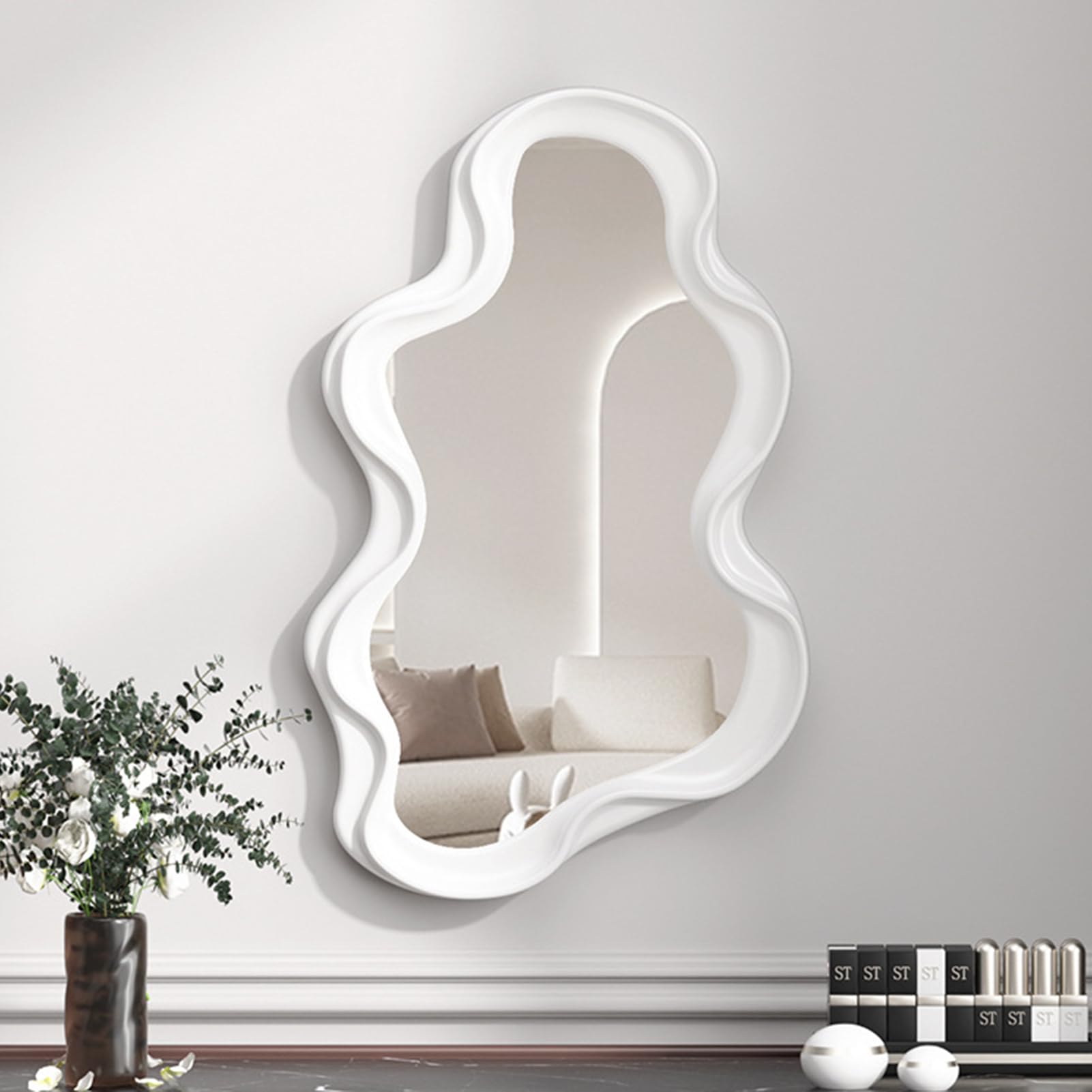 Irregular Wall Mirror,with Hook Asymmetrical Border Bathroom Mirror 16 * 10.2in,Creative Modern Decorative Vanity Mirror for Bedroom Living Room Entryway（08,White