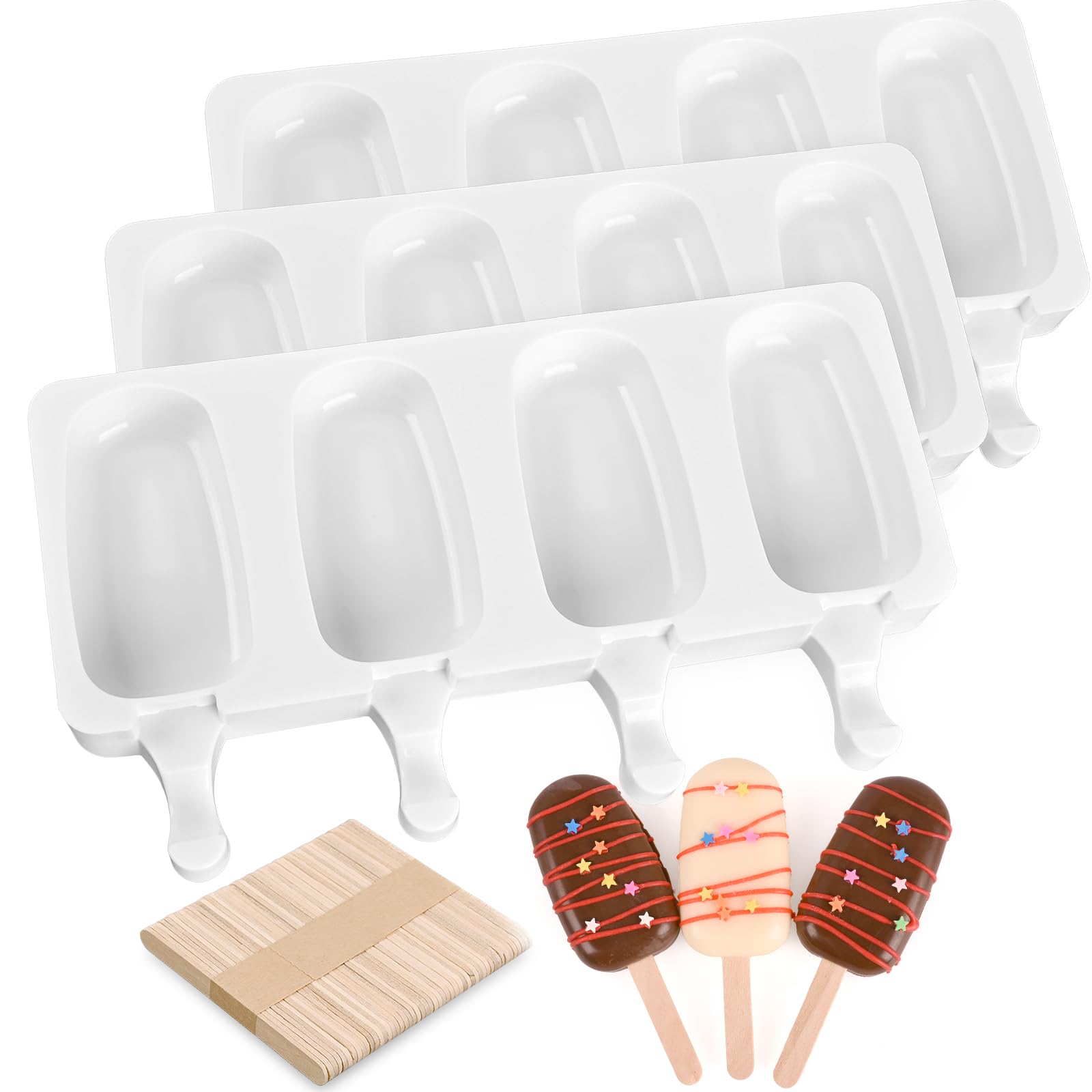 Sakolla 3 Pack Large Popsicle Molds 4 Cavities Cake Pop Silicone Molds Oval Ice Cream Cakesicle Molds for Chocolate Baking with 100 Wooden Sticks