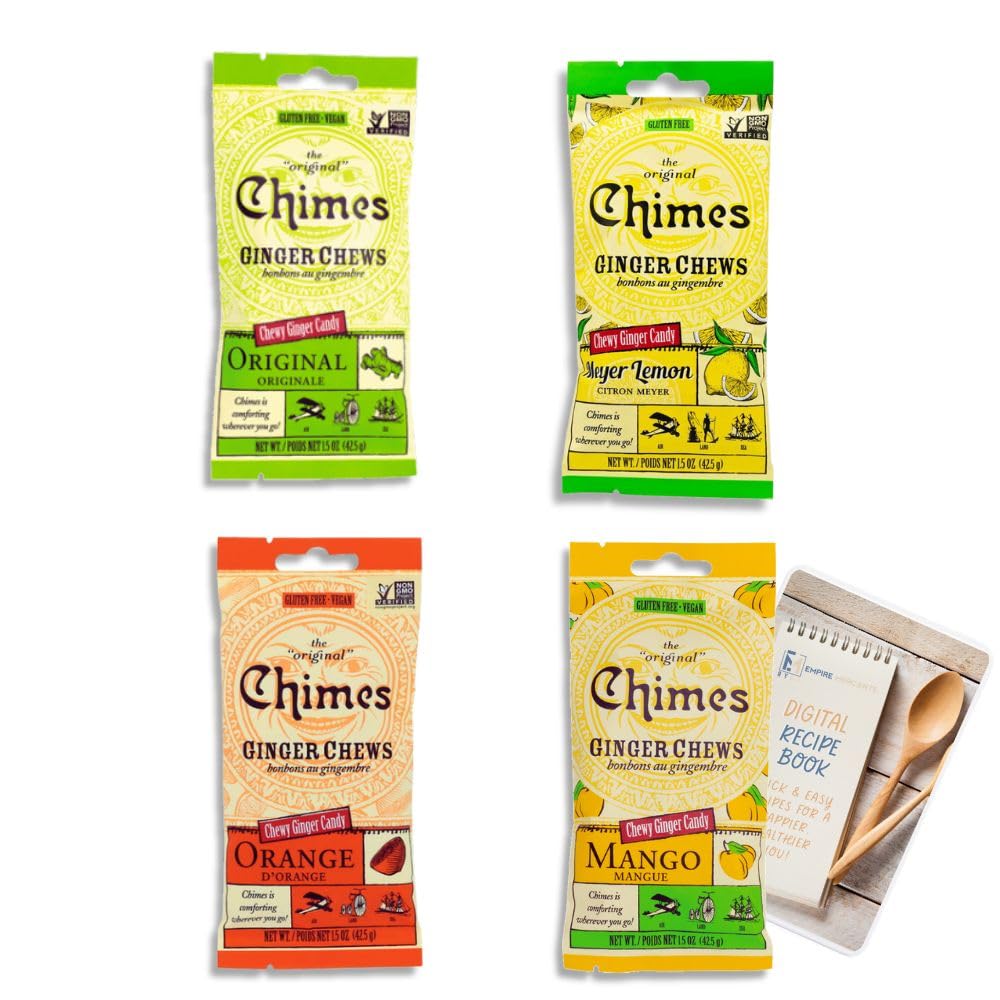 Chimes Ginger Chews Variety Pack of 4 Bundle - 1 of each (Original, Mango, Lemon & Orange) 6 oz total Low Calorie, Vegan, GF, Organic, Ginger Chews for Nausea, Morning Sickness, Sore Throat Relief