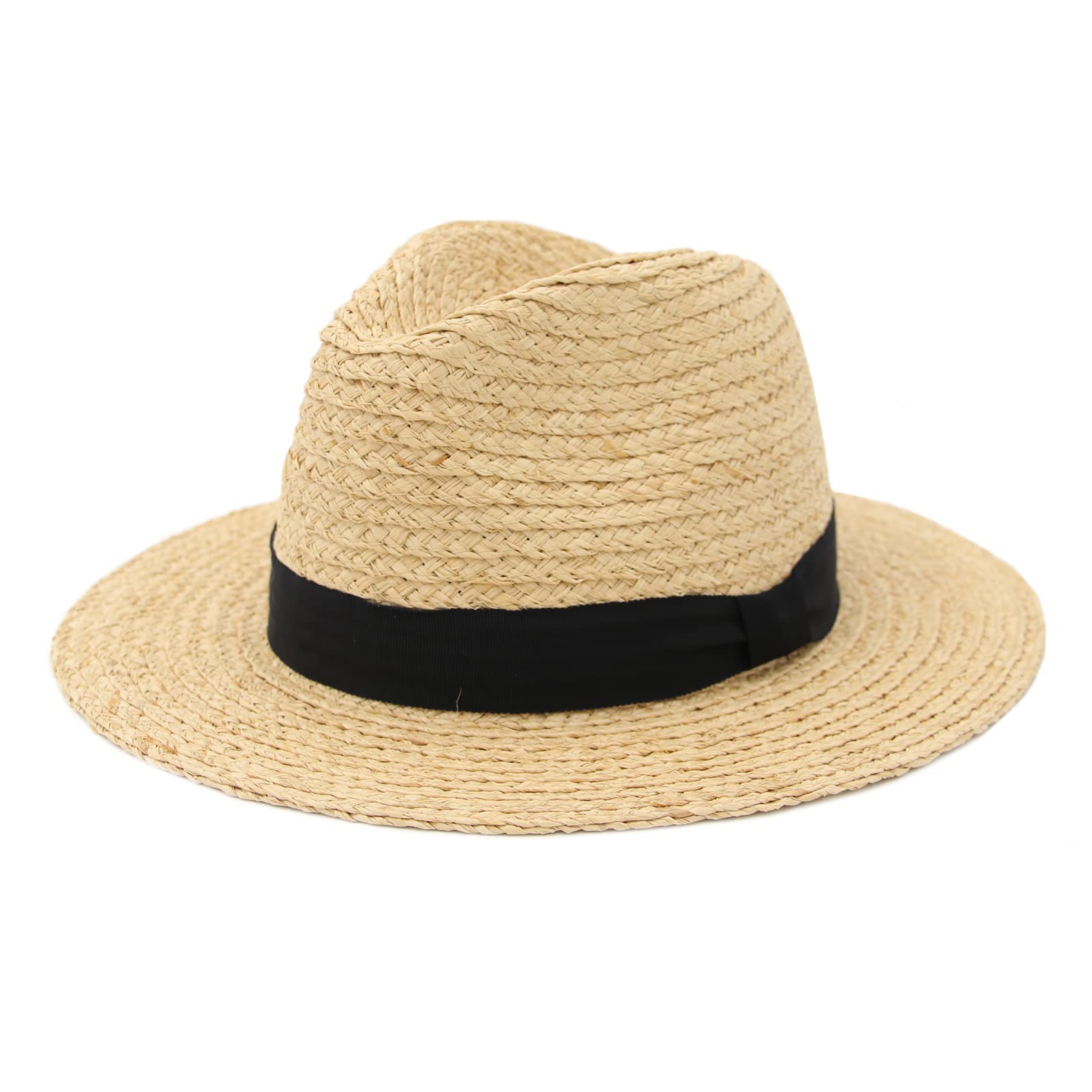 NAMANANA Unisex Fashion 100% Raffia Straw Hats Fedora UV Protect Summer Flat Brim hat Sun Hats Male Women Beach Cap