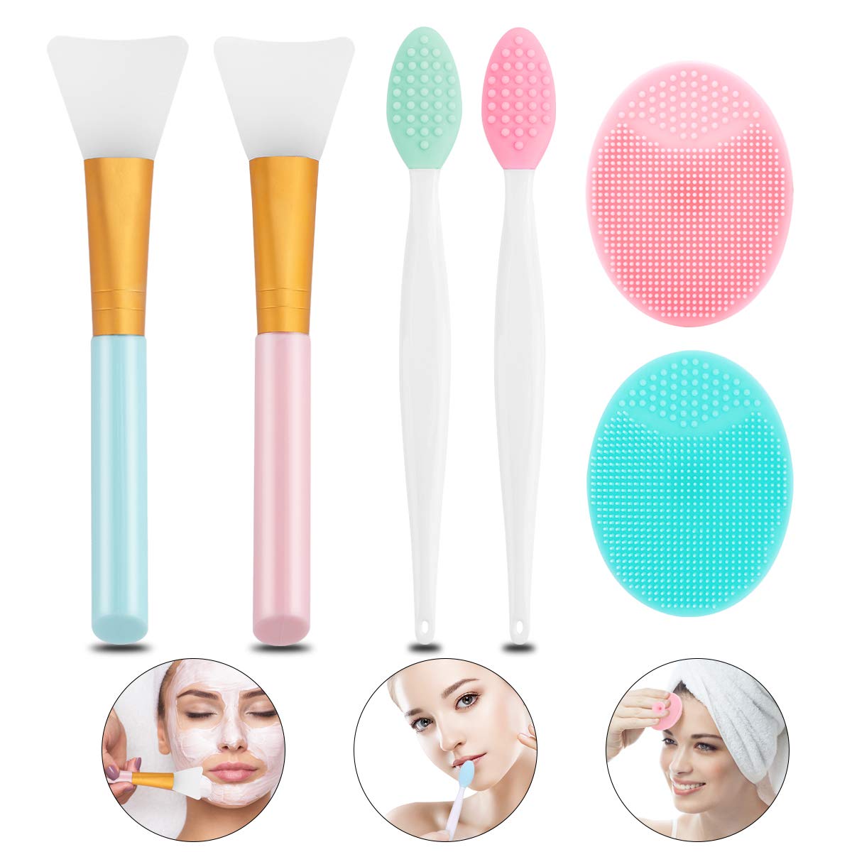 Lip Scrub Brush Silicone Facial Cleansing Brush -2PCS Lip Exfoliator Brush, 2PCS Face Scrubber Facial Cleansing Brush Blackhead Remover, 2PCS Silicone Face Mask Brush Mask Applicator