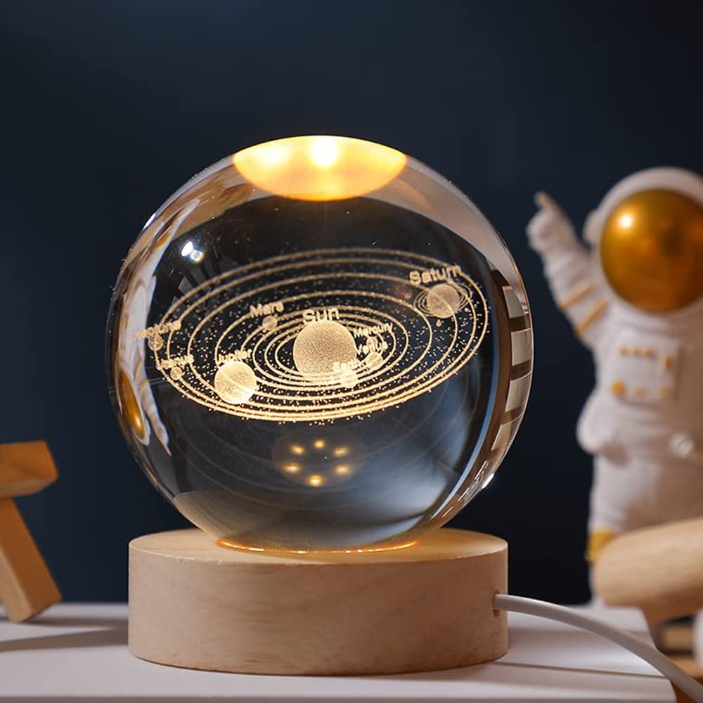 Goodern 3D Crystal Ball Night Light Clear Galaxy LED Light with Wooden Base Glass Ball Ornaments Nightlight Decolamp with Touch Switch LED Light Decorative Lamp Gifts for Home Desktop Decor-Galaxy