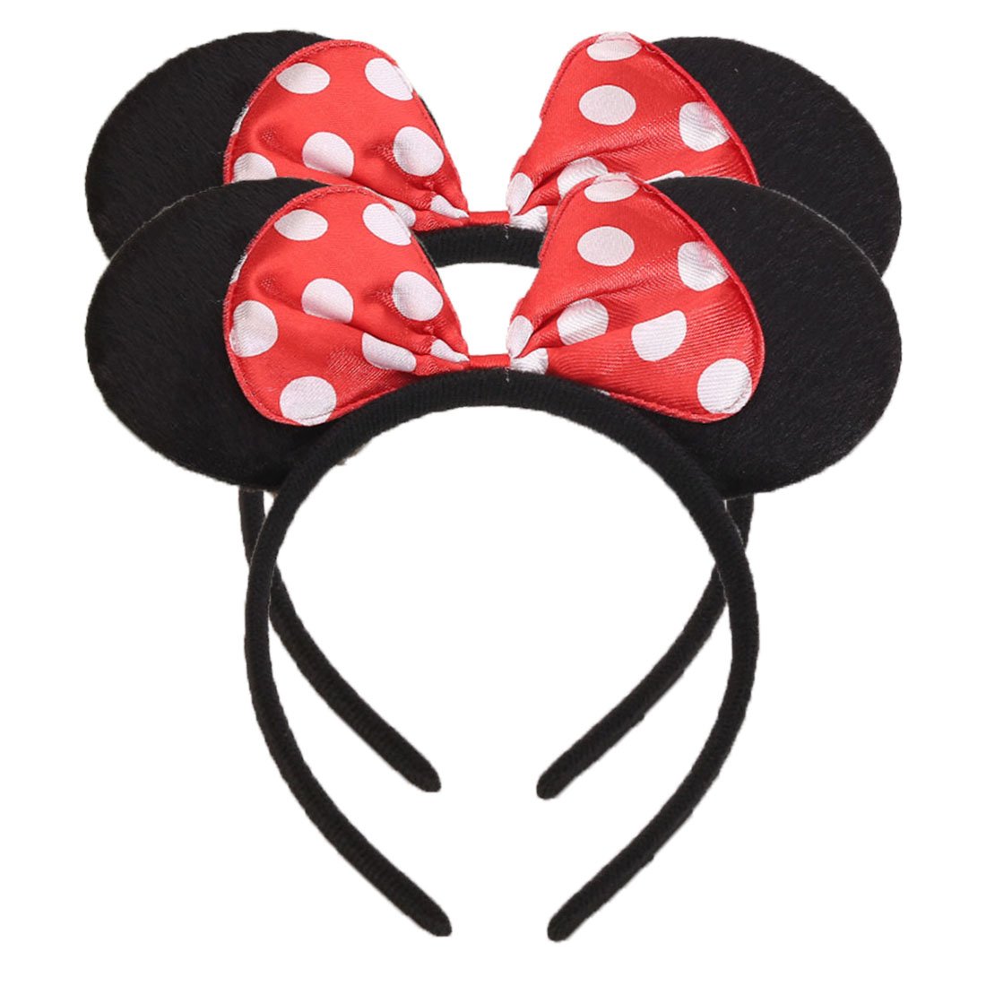 Set of 2 Mickey Minnie Mouse Ears Headband Boys and Girls Birthday Party Mom Hairs Accessories Baby Shower Headwear Halloween Party Decorations Costume Deluxe Fabric Ears with Dots Bow (Red)