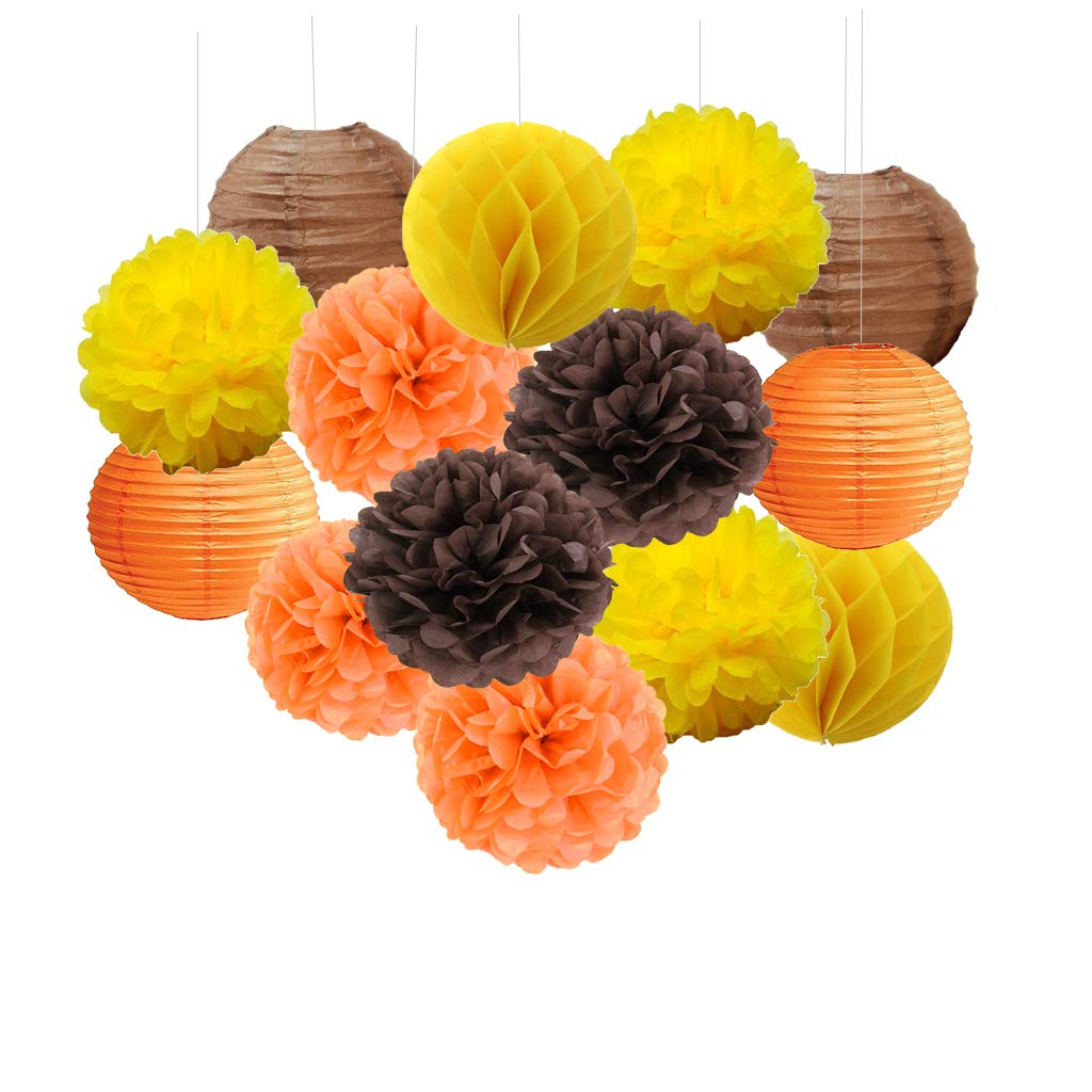 HERRA 15 Pack Orange Yellow Brown Paper Lanterns, Honey Comb Balls, Tissue Pom Poms, Fall Thanksgiving Party Decorations, Paper Hanging Decor for Parties, Celebrations, Home Decor, Birthday P