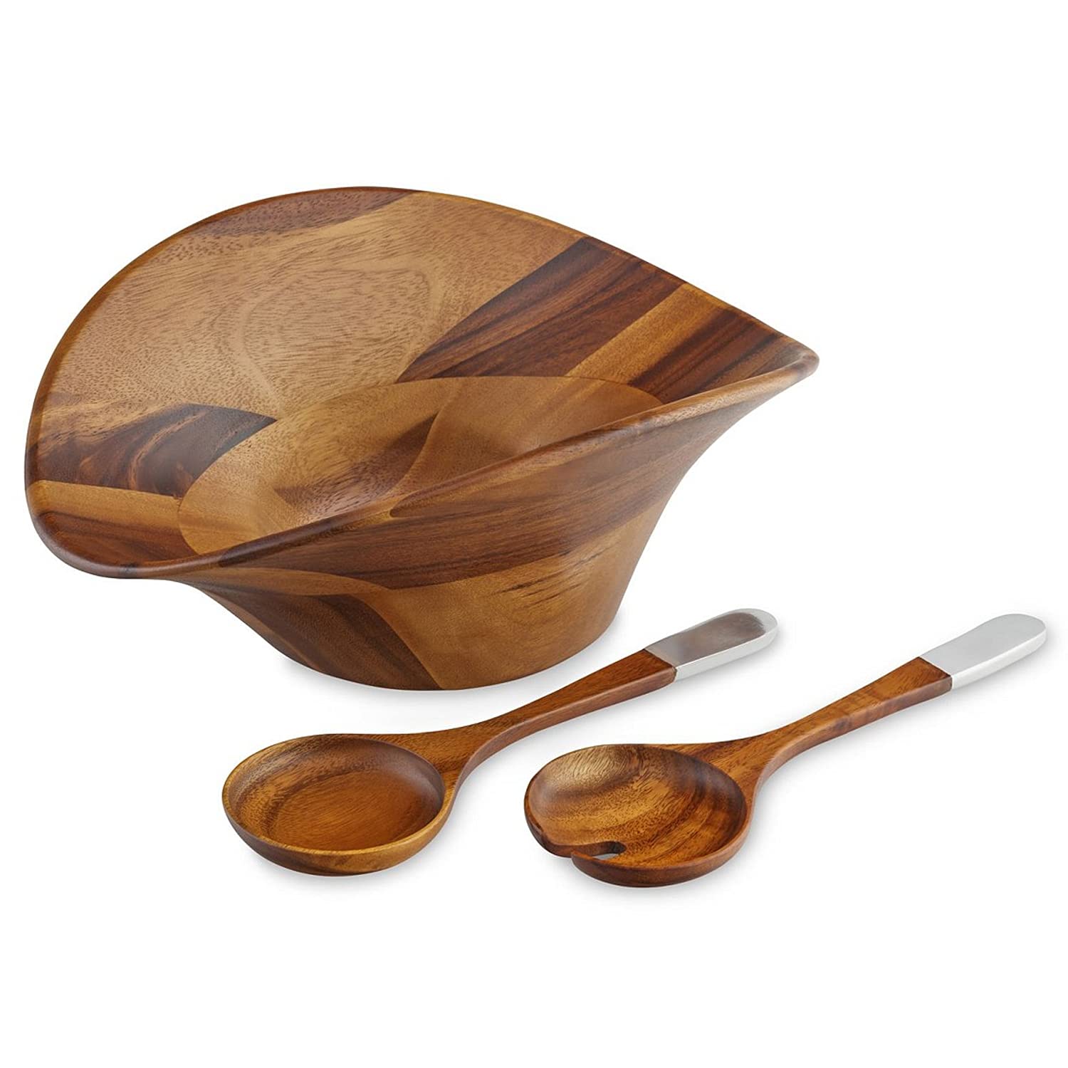 NambeRipple Wooden Salad Bowl 3 Piece Set, 15.5 Inch Large Salad Bowl with Serving Utensils, Acacia Wood & Alloy Salad Servers & Fruit Bowl, Housewarming Gift, Designed by Alvaro Uribe