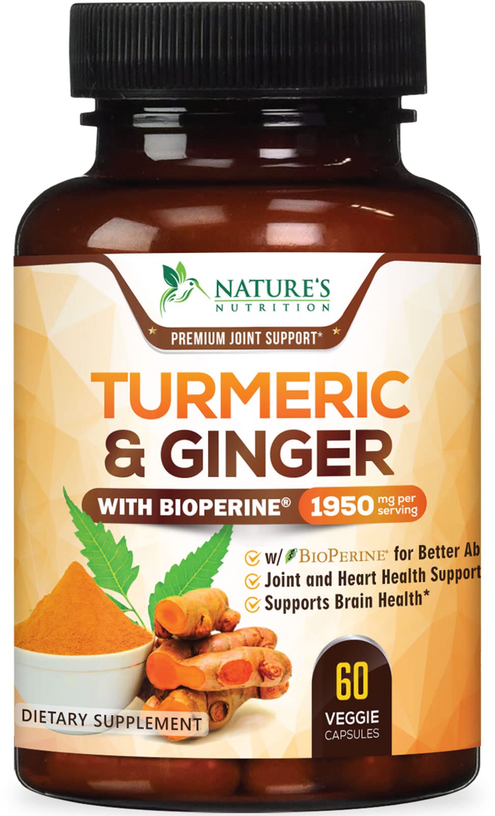 Turmeric Curcumin Supplement 1950mg with Organic Turmeric & Ginger, 95% Curcuminoids, BioPerine Black Pepper for Best Absorption, Nature's Vegan Joint Support, Non-GMO, Bottled in USA - 60 Capsules