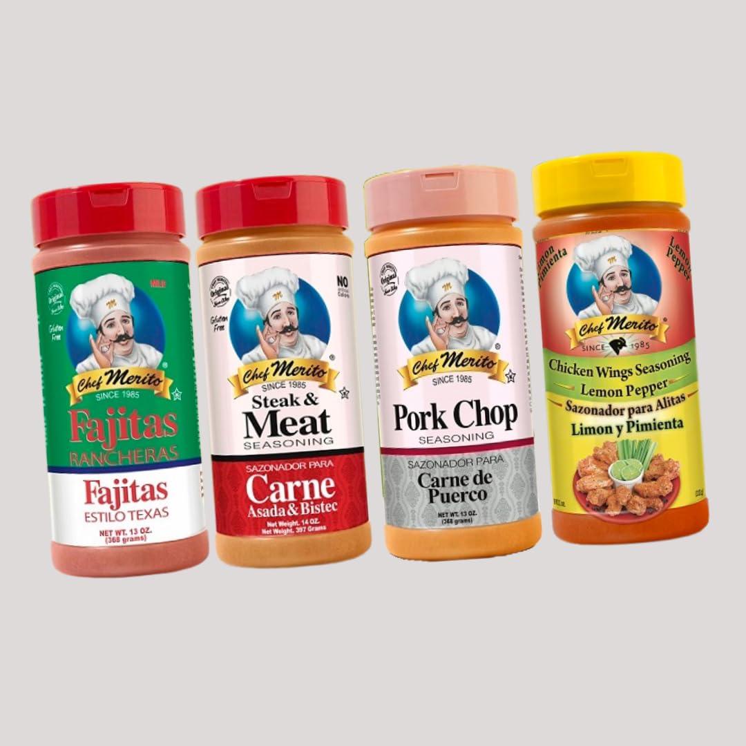 Chef Merito Flavor Bundle (4 Pack) Bundle Includes 4 Great Flavor Combos: Texas Style Fajitas, Carne Asada, Pork Chop, and Lemon Pepper Wings Seasonings.