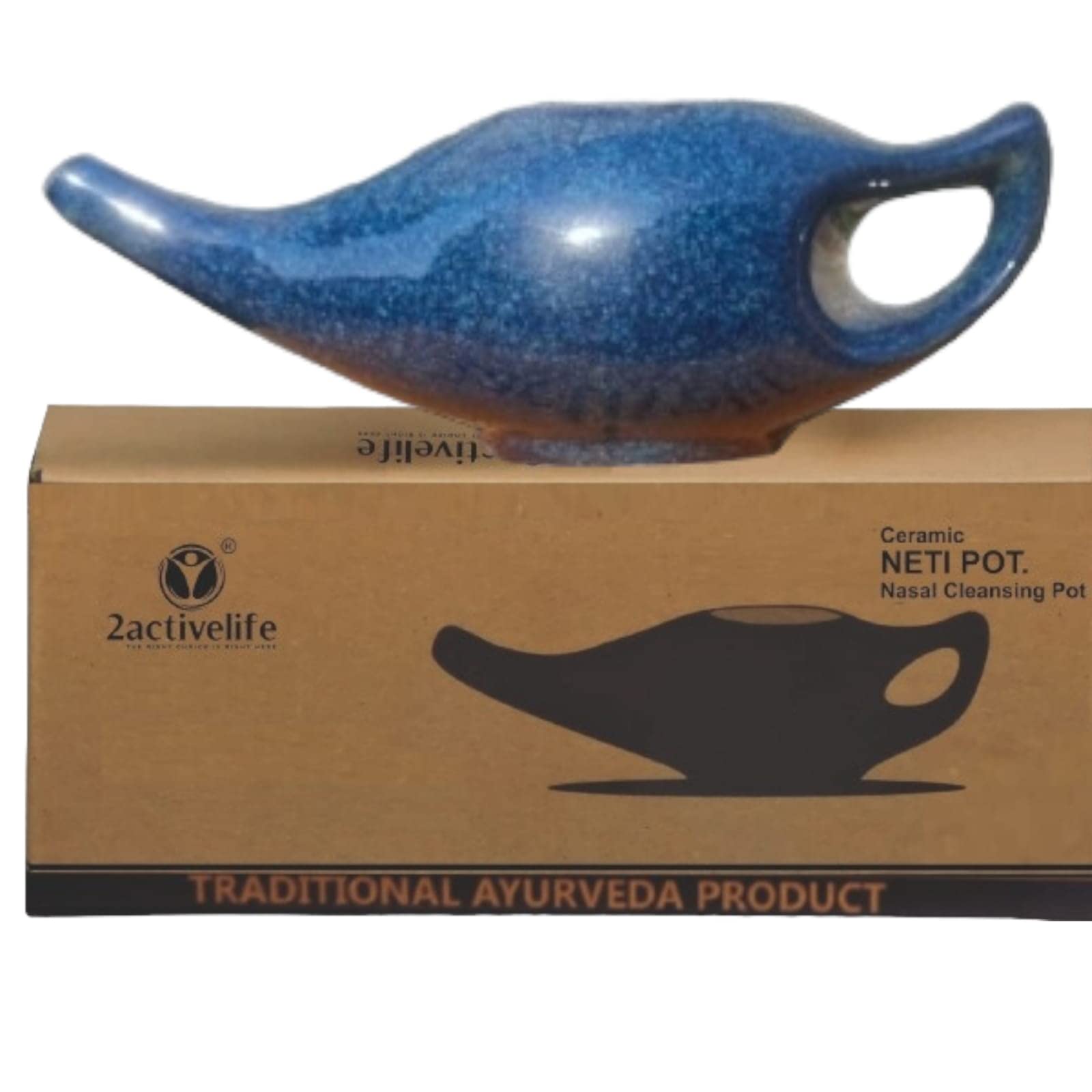 2activelife Ceramic Neti Pot, Premium Handcrafted Durable, Dishwasher Safe, for Nasal Cleansing + 5 Sachet Neti Salt, 225 Ml. (7.6 FL Oz) Capacity - Elegant Diagonal Blue Color