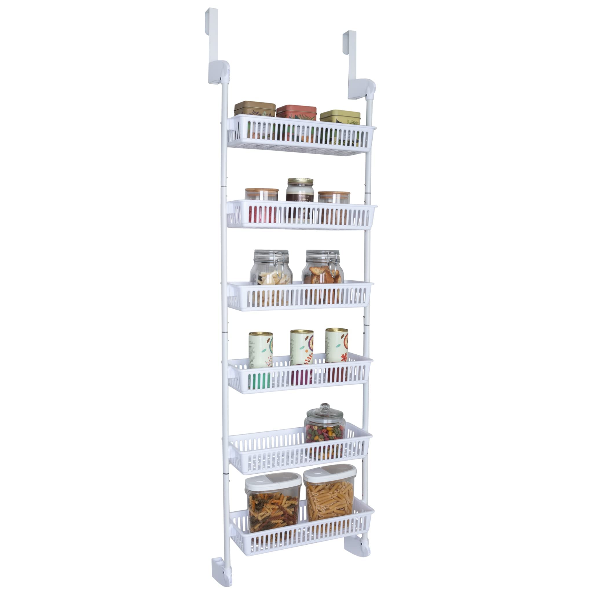 Smart DesignOver-The-Door Organizer for Storage – Perfect for Pantry Organization, Bedroom, Bathroom Storage, Playroom, or Kitchen - Adjustable Steel Frame with 6 Baskets & Wall Mount – White