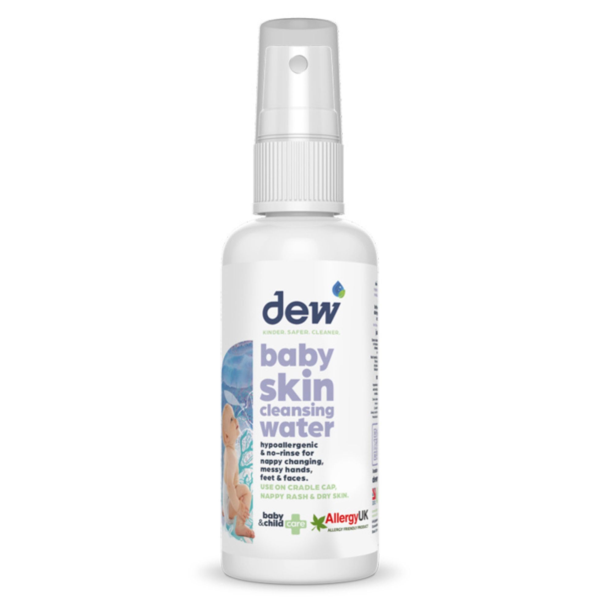 Dew Baby Cleansing Water (65ml) 100% Natural & Hypoallergenic - Hypochlorous Acid Spray, for Cleansing Baby's skin - Kills 99.99% Bacteria, Refillable No Rinse Cleansing Water Baby, Made in the UK