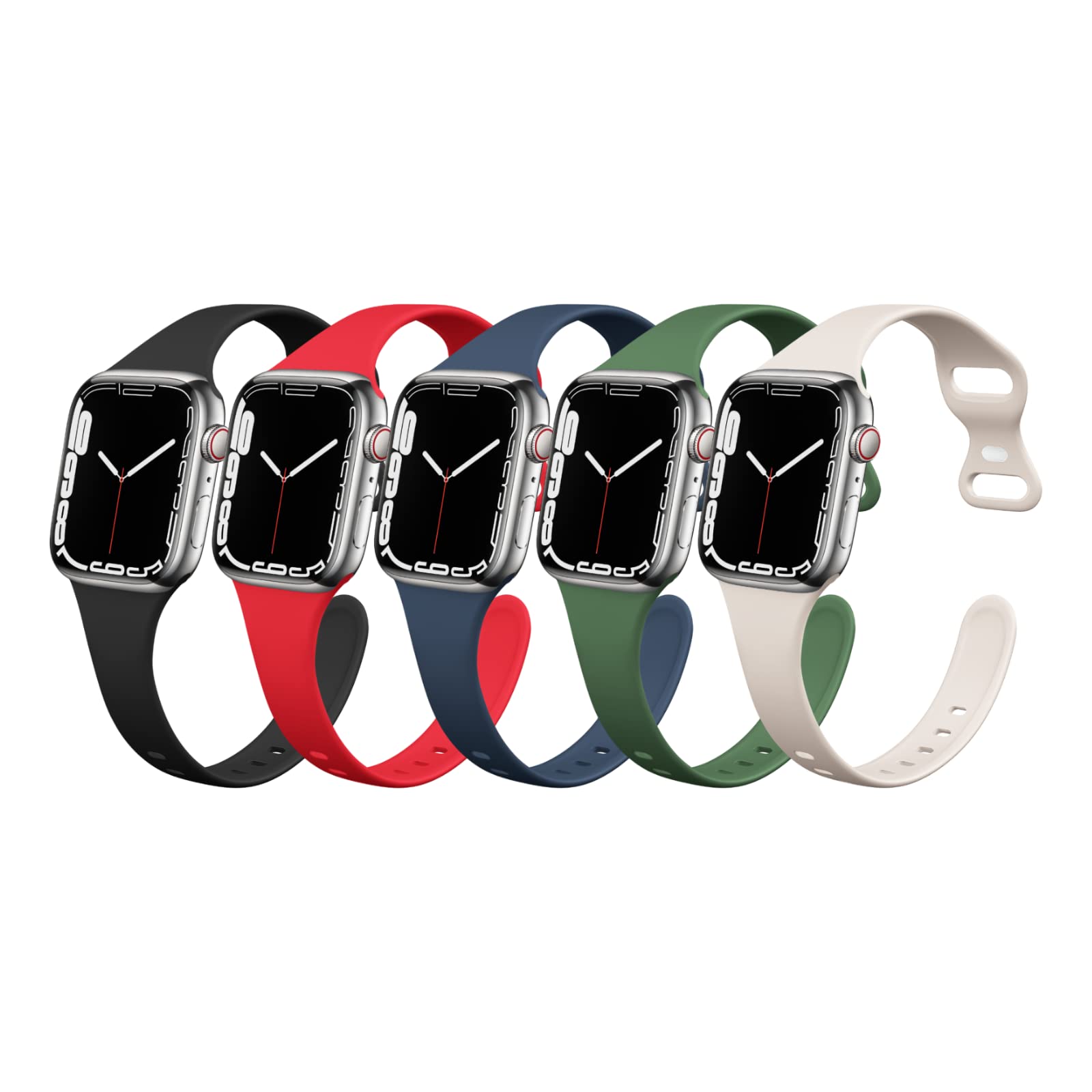 Tighesen 5 Pack Sport Bands Compatible with Apple Watch Band 38mm 40mm 41mm 42mm 44mm 45mm 49mm for Women/Men Slim Thin Skinny Narrow Soft Silicone Replacement Strap Wristband for iWatch Ultra SE Series 8/7/6/5/4/3/2/1 (38/40/41mm, 5 PACK G-Black/Abyss Blue/Clover/Red/Starlight)