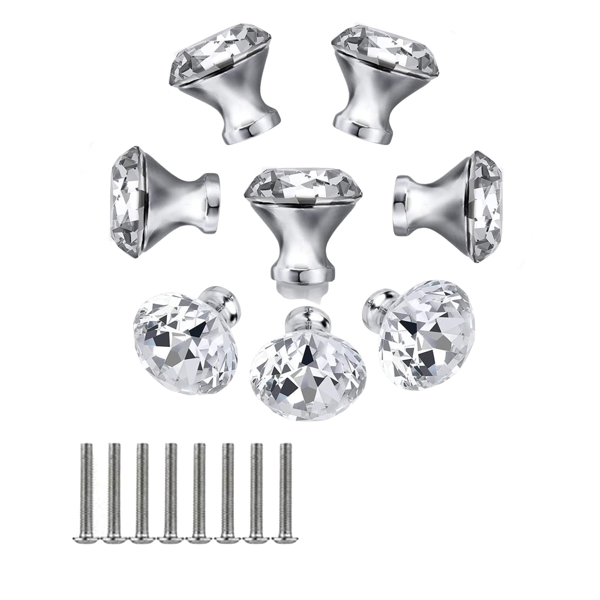 JP Hardware Clear Glass Crystal Diamond Shape Cabinet Knobs/Wardrobe Door Knobs (40mm, Chrome)- Pack of 8 (Chrome Diamond knobs finish)