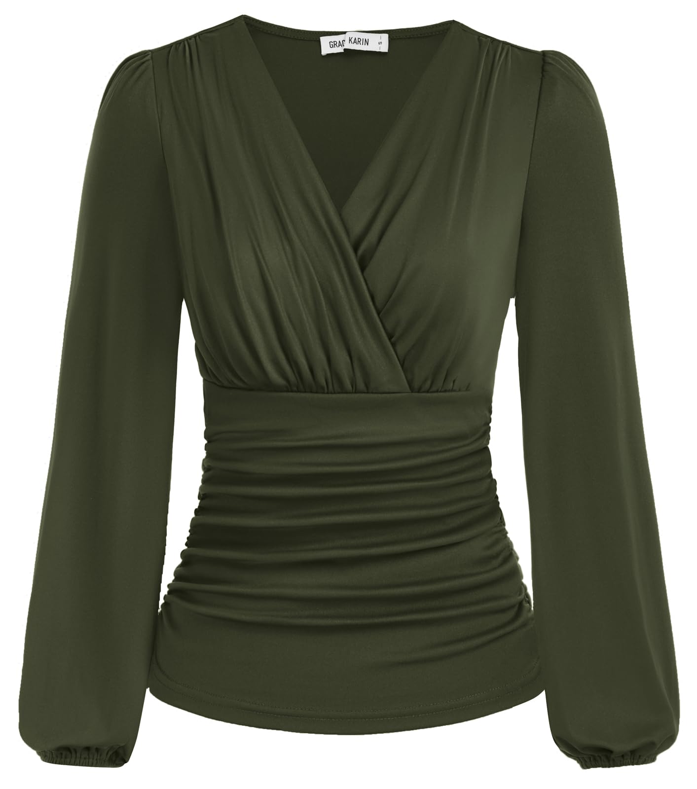 GRACE KARIN 2024 Womens Tops Elegant Surplice Wrap Blouse V Neck Long Sleeve Casual Ruched Top