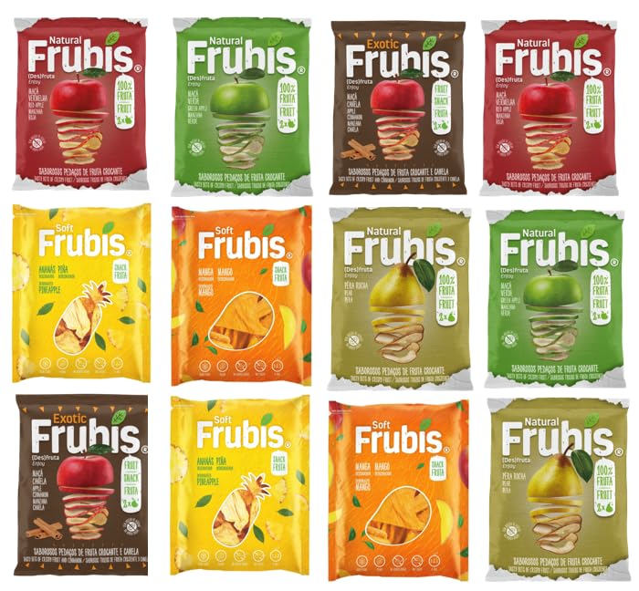 Frubis Tasty Bits Of Crispy Fruit Snacks | 2 x Red Apple | 2 x Green Apple | 2 x Apple and Cinnamon | 2 x Pear | 2 x Mango | 2 x Pineapple - 12 Pack