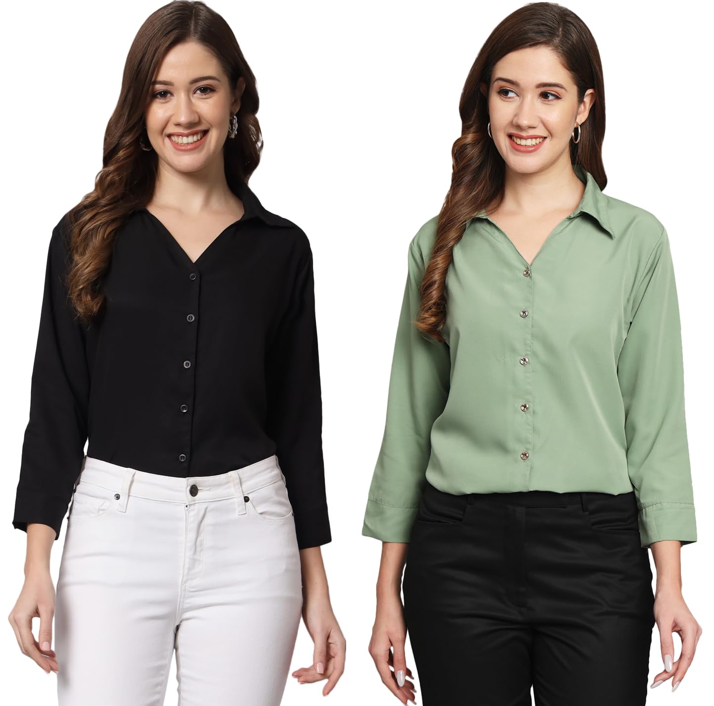 FUNDAY FASHION Women Regular Fit Solid V Collered Casual Shirt (Pack of 2)