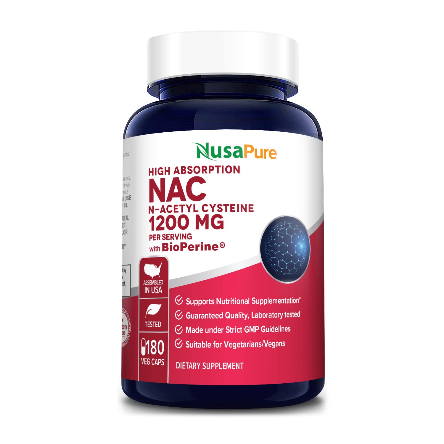 NusaPure N-Acetyl Cysteine (NAC) 1200mg 180 Veggie Caps (Vegetarian, Non-GMO, Gluten Free) Bioperine