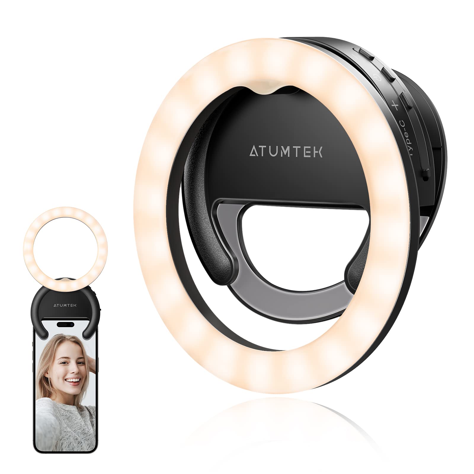 ATUMTEK 4" Rotatable Selfie Ring Light for Phone, Rechargeable Clip-on Ring Light for Photo and Video, 3 Color Temperatures for Streaming, TikTok, Instagram, Zoom Meeting and Video Conference, Black