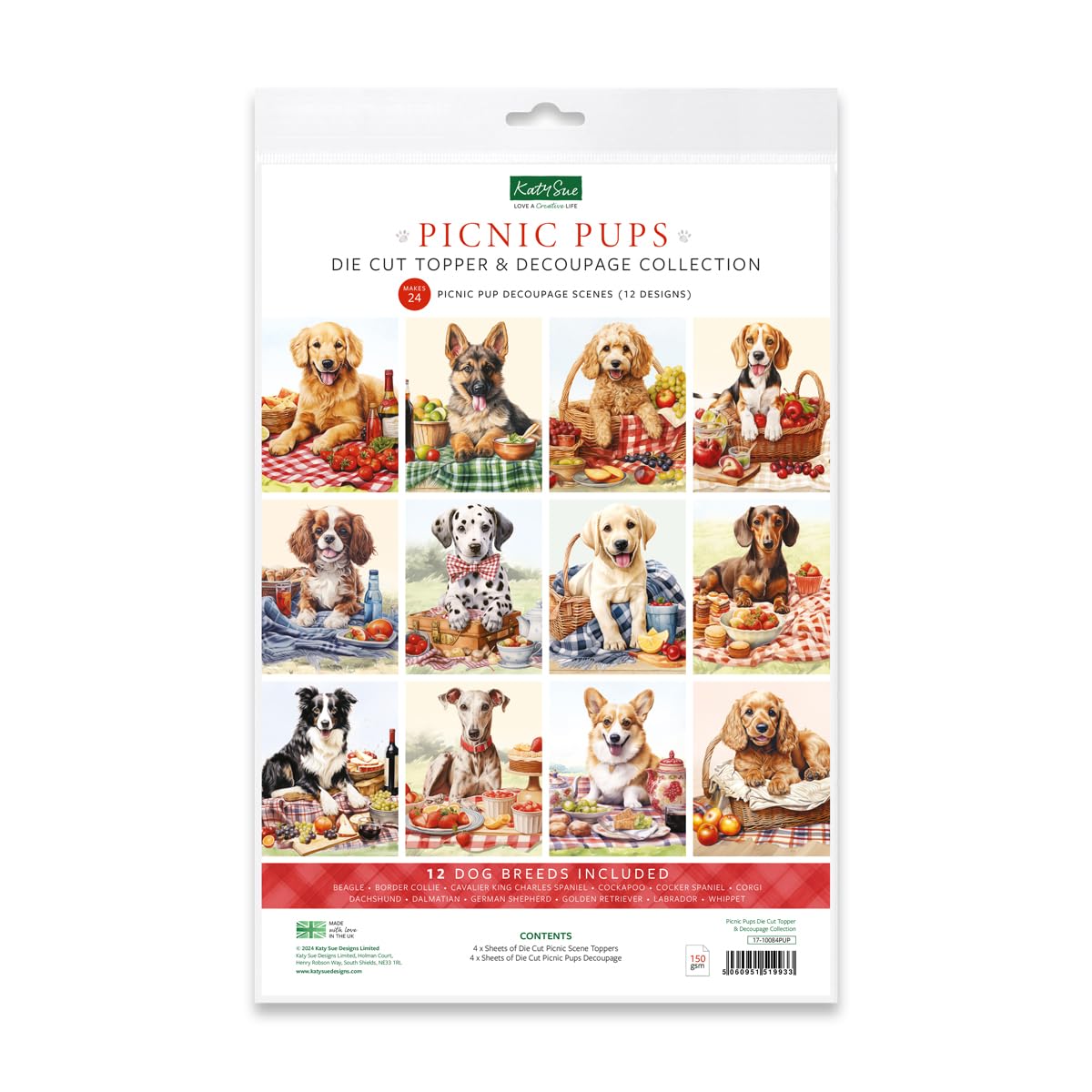 Katy Sue Designs Picnic Pups Die Cut Topper & Decoupage Collection. 4 Sheets of Dog-Themed Square Card Toppers & 4 Sheets of Matching Die Cut Decoupage Sheets for Card Making Supplies & Craft Supplies