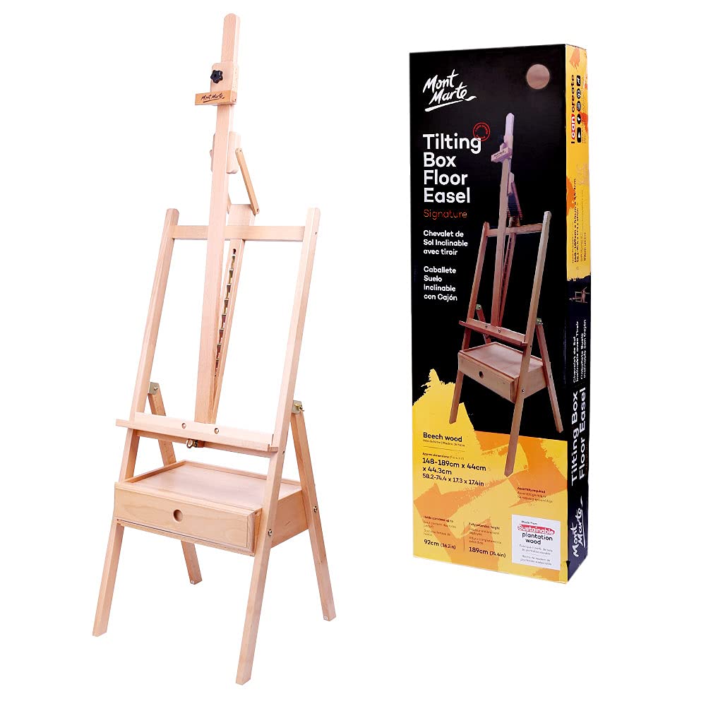 Mont MarteSignature Tilting Box Floor Easel Beech Wood, Holds Canvases up to 92cm (36.2in) in Height, Angle Adjustment, Sturdy Base, Built-in Drawers for Art Supplies, Artist Painting Easel.